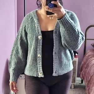 Gray Chunky Knit Cardigan Sweater